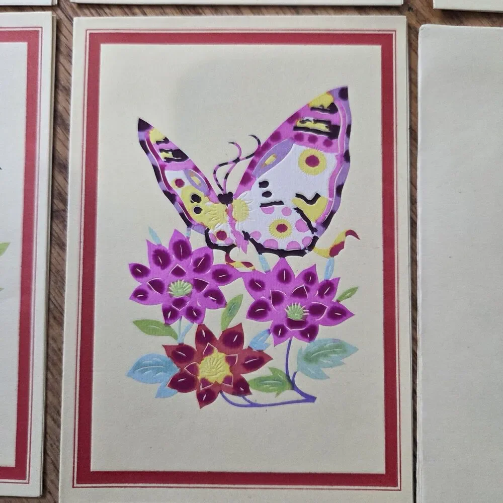 Vintage Chinese Paper Cut Art Cards Set of 5 Butterflies Flowers Jianzhi